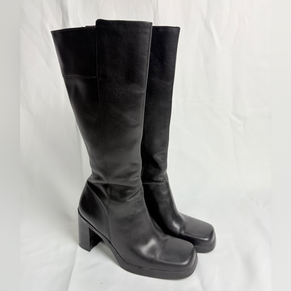 VTG Y2K Tommy Hilfiger Leather Tall Boots Chunky Heel Black Square Toe Size 6.5